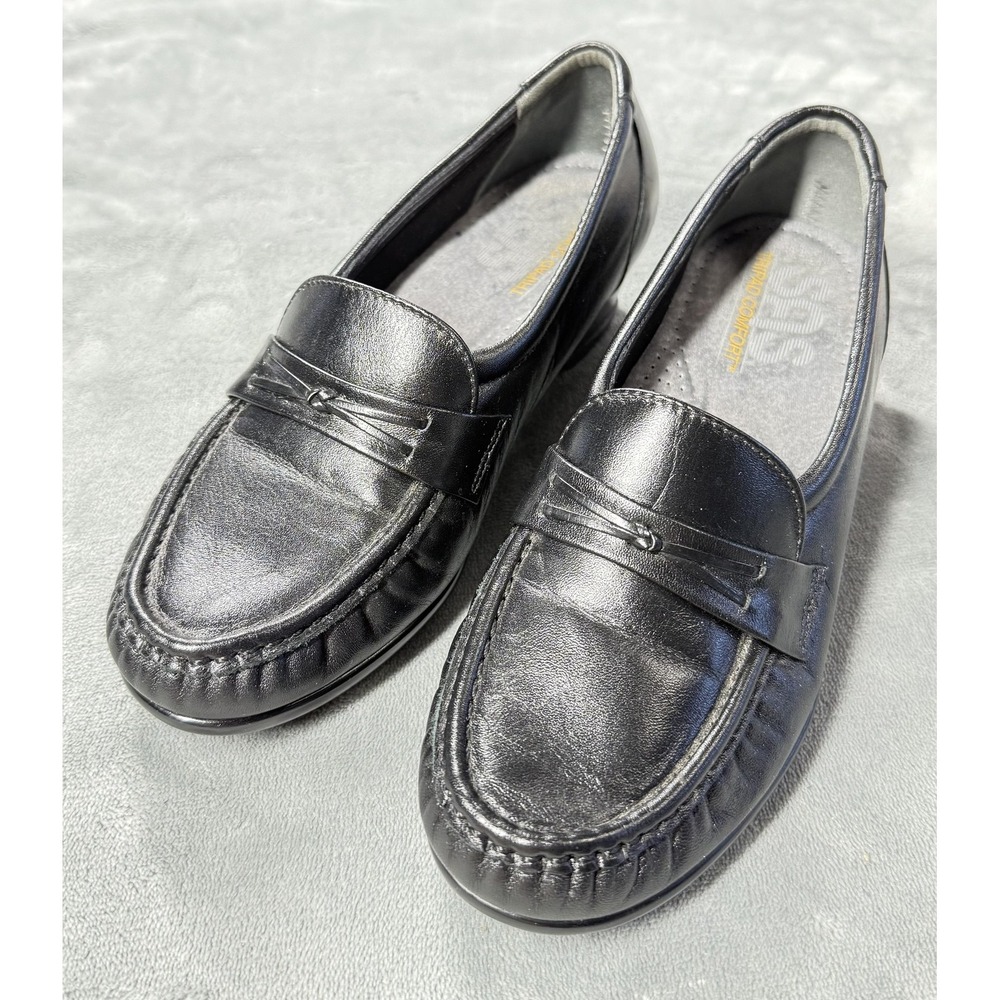 SAS Shoes Womens Size 5.5‎ Black Leather Tripad Comfort Wedge Loafers Slip On